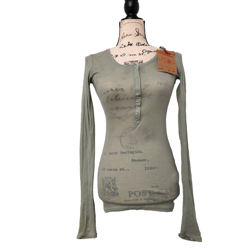 True Religion Long Sleeve Crystal Kristen Green Cotton Henley Shirt XS - Picture 3 of 12